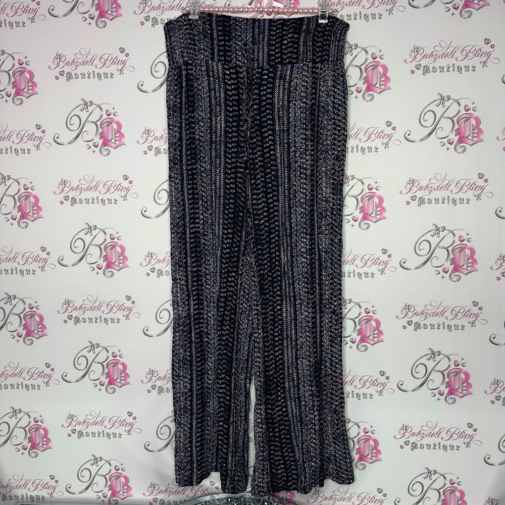 c wonder pants flare hippie black paisley print pink purple white flowy baggy